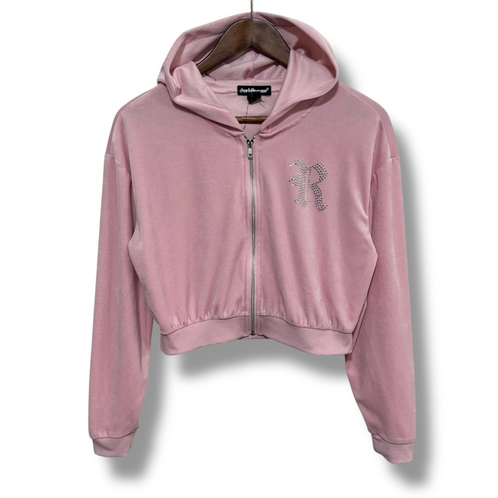 Charlotte Russe Women's Zip Up Velour Rhinestone Logo Hoodie Pink Size S 19x17.5